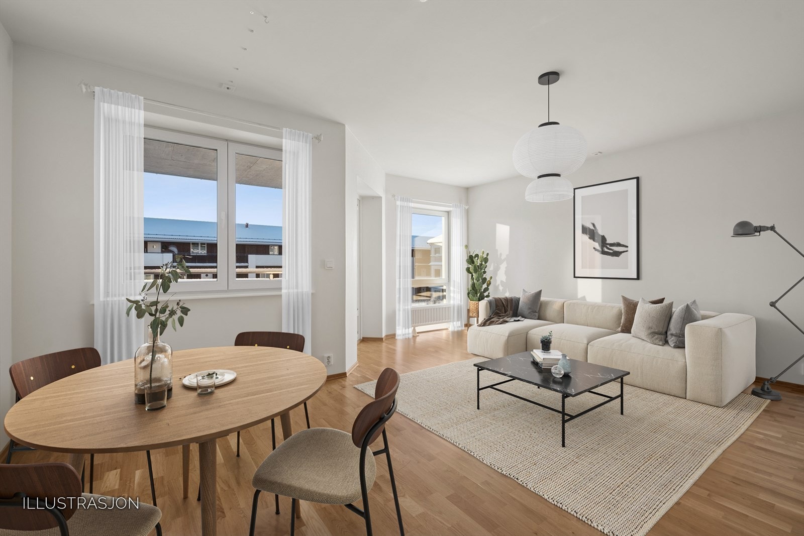 I stuen er det fin plass til en sofagruppe med TV-løsning og et spisebord mot kjøkkenet. Digital møblering. Galleribilde