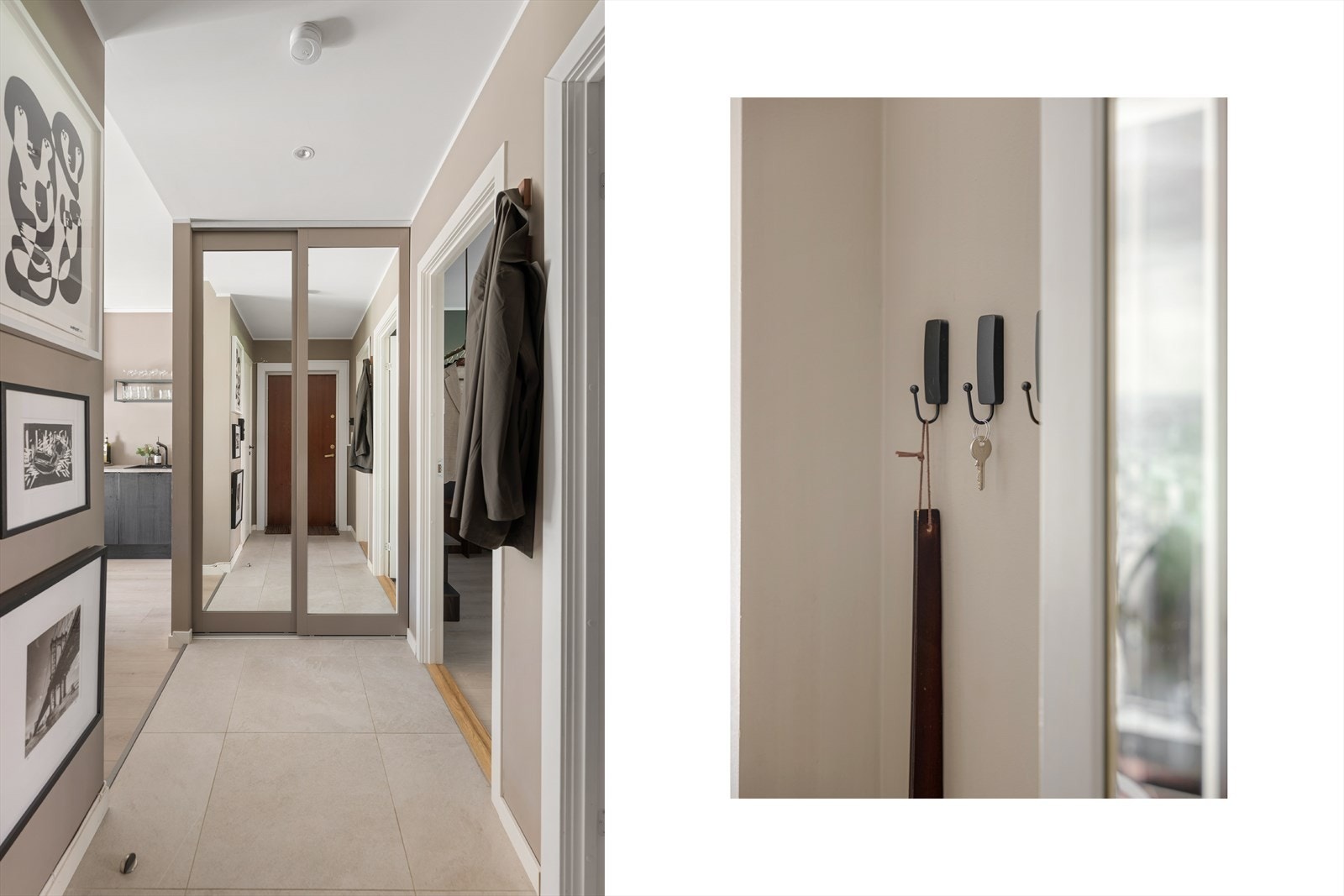 Praktisk flislagt entré med skyvedørsgarderobe for praktisk oppbevaring av yttertøy Galleribilde