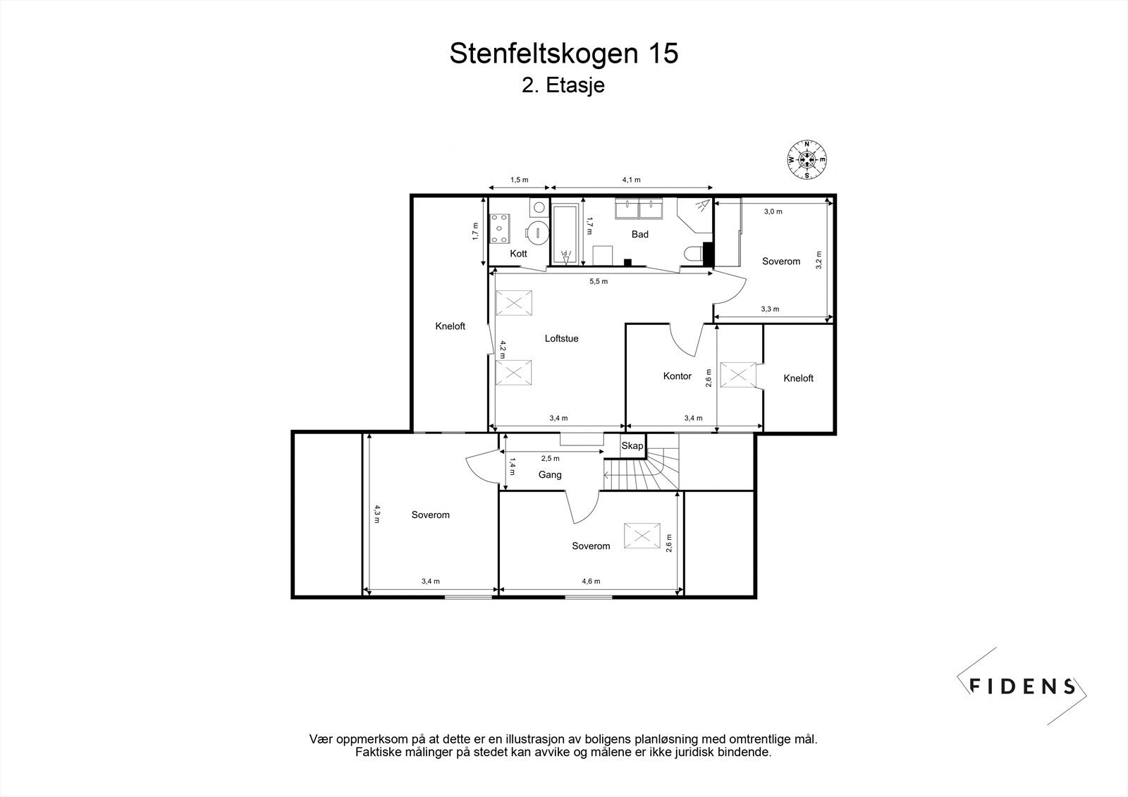 Andre etasje inneholder tre soverom, kontor, loftstue og et romslig bad. Galleribilde