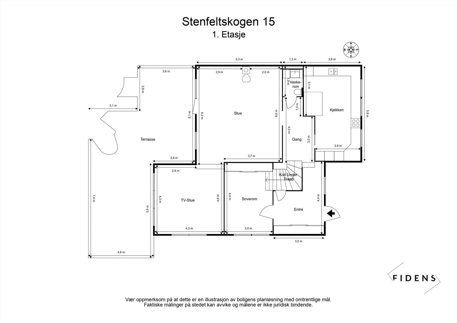 Første etasje har en familievennlig planløsning med store sosiale soner, kjøkken, vaskerom og et soverom. Galleribilde