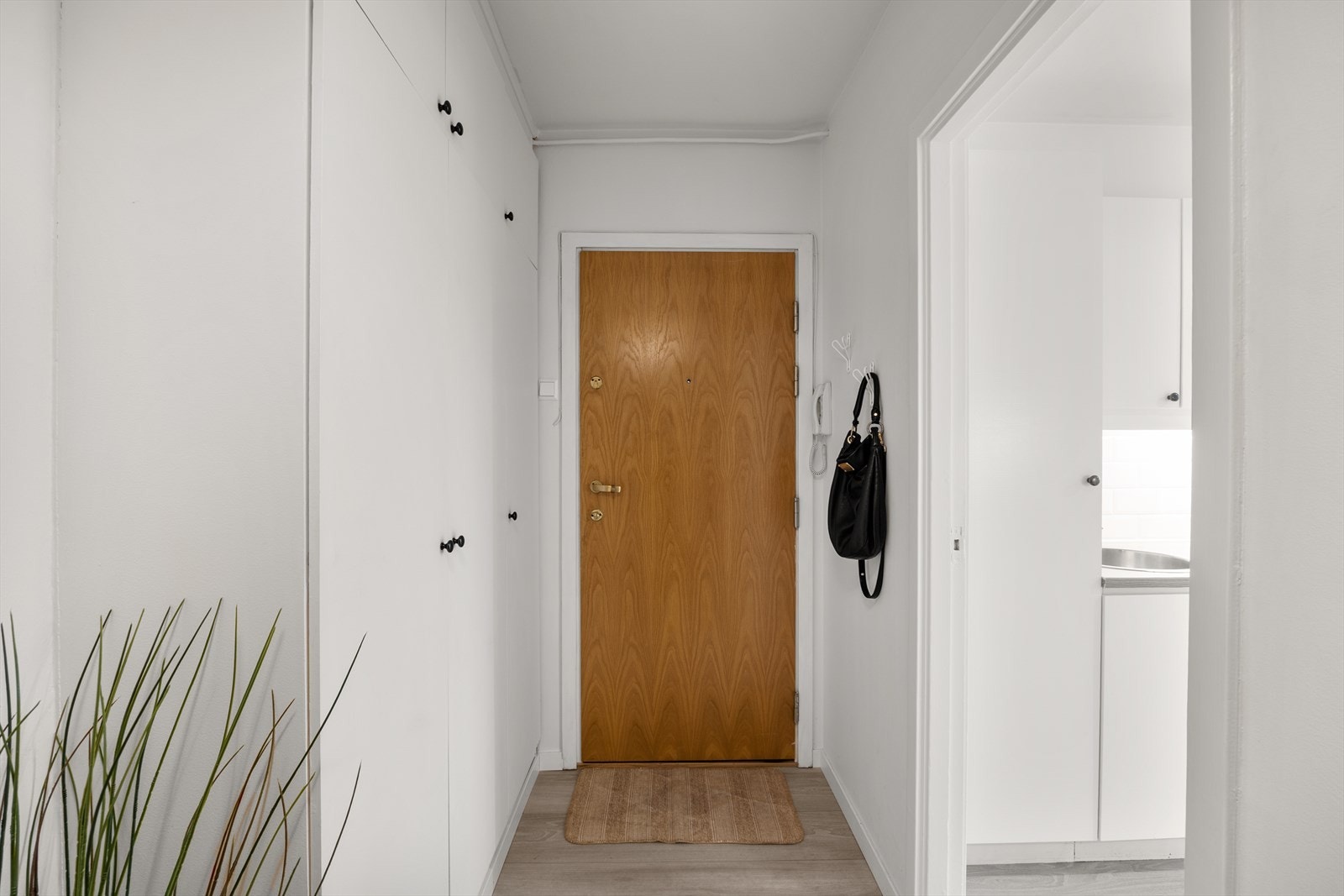 Innbydende entré med plass til å henge fra seg yttertøy og sette fra seg sko i garderobeskap. Her er det nyere callinganlegg fra ca. 2019, samt lyd- og brannklassifisert entrédør med kikkehull. Galleribilde