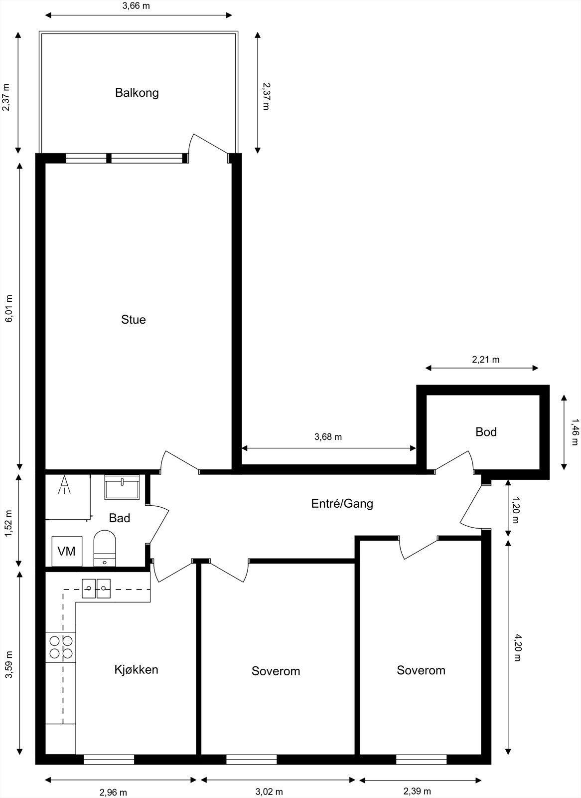 Leilighetens 73 m² er fordelt over en arealeffektiv planløsning med to soverom og separat kjøkken. Galleribilde