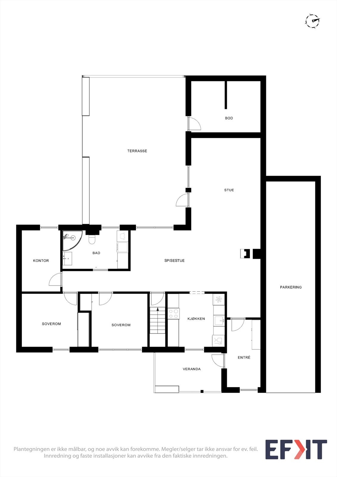 Første etasje har en arealeffektiv planløsning med tre soverom, bad, kjøkken og stue. Galleribilde