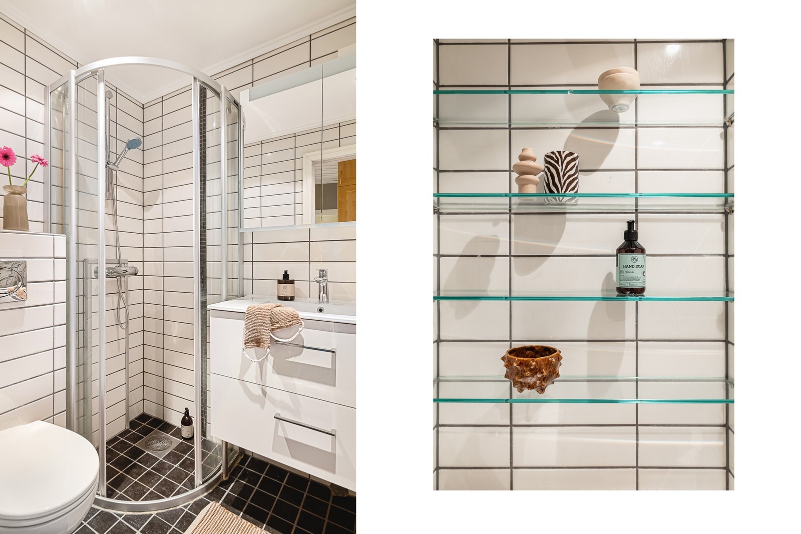 - Badet er klassisk flislagt med keramiske fliser på gulv og vegger, og er utstyrt med baderomsmøbel, servant, vegghengt toalett og dusjløsning - Galleribilde