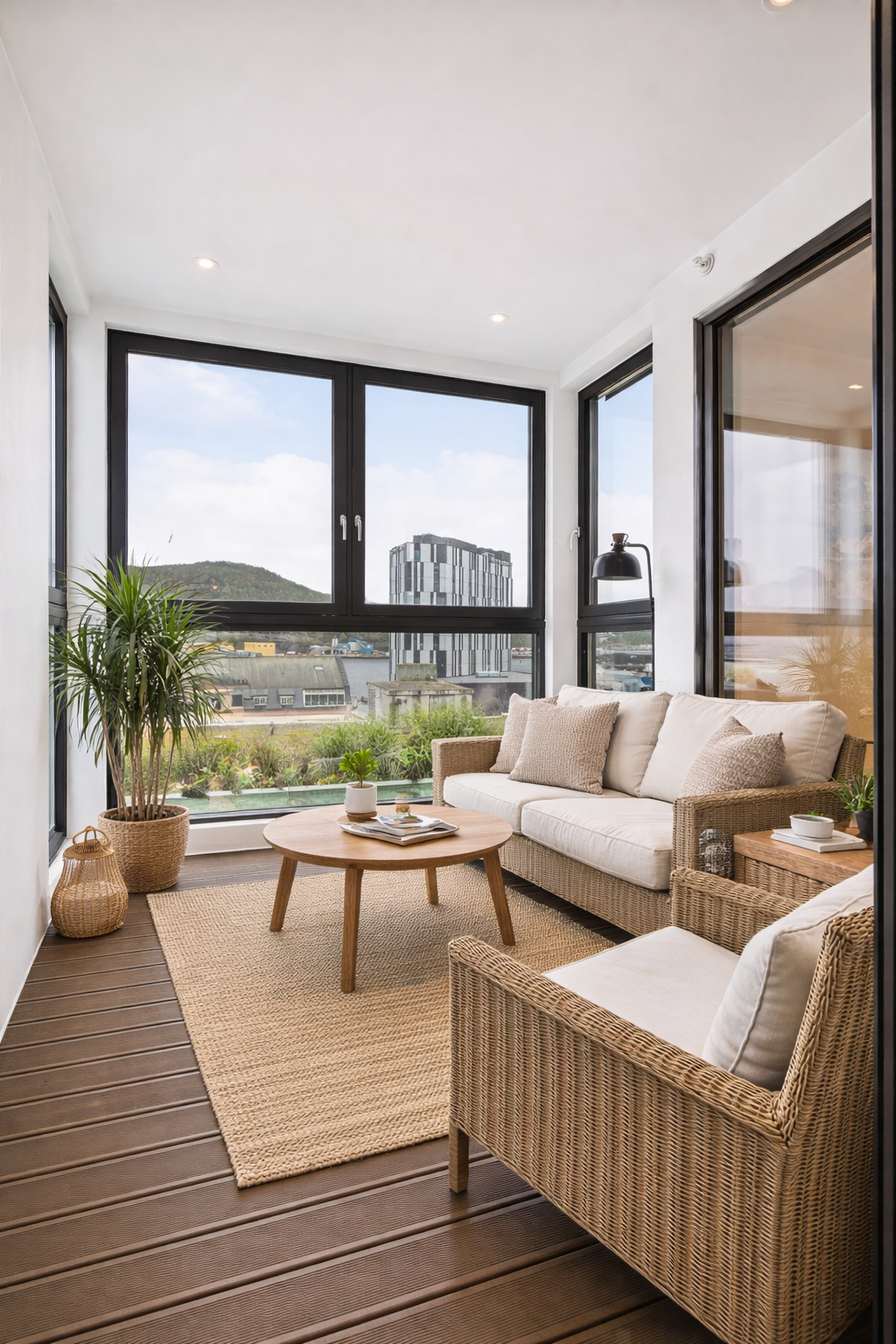 Innglasset balkong med adkomst fra spisestue gir utsikt over Harstad by og omkringliggende områder. Bildet inneholder digital møblering. Galleribilde