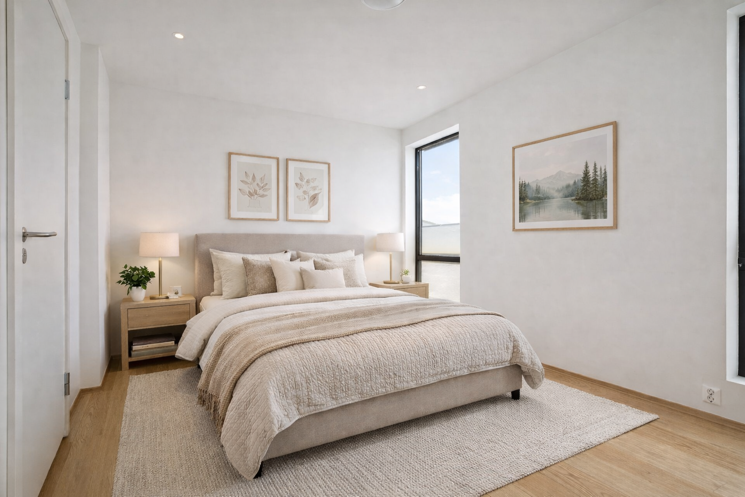 Hovedsoverommet har direkte tilgang på eget bad. Bildet inneholder digital møblering. Galleribilde