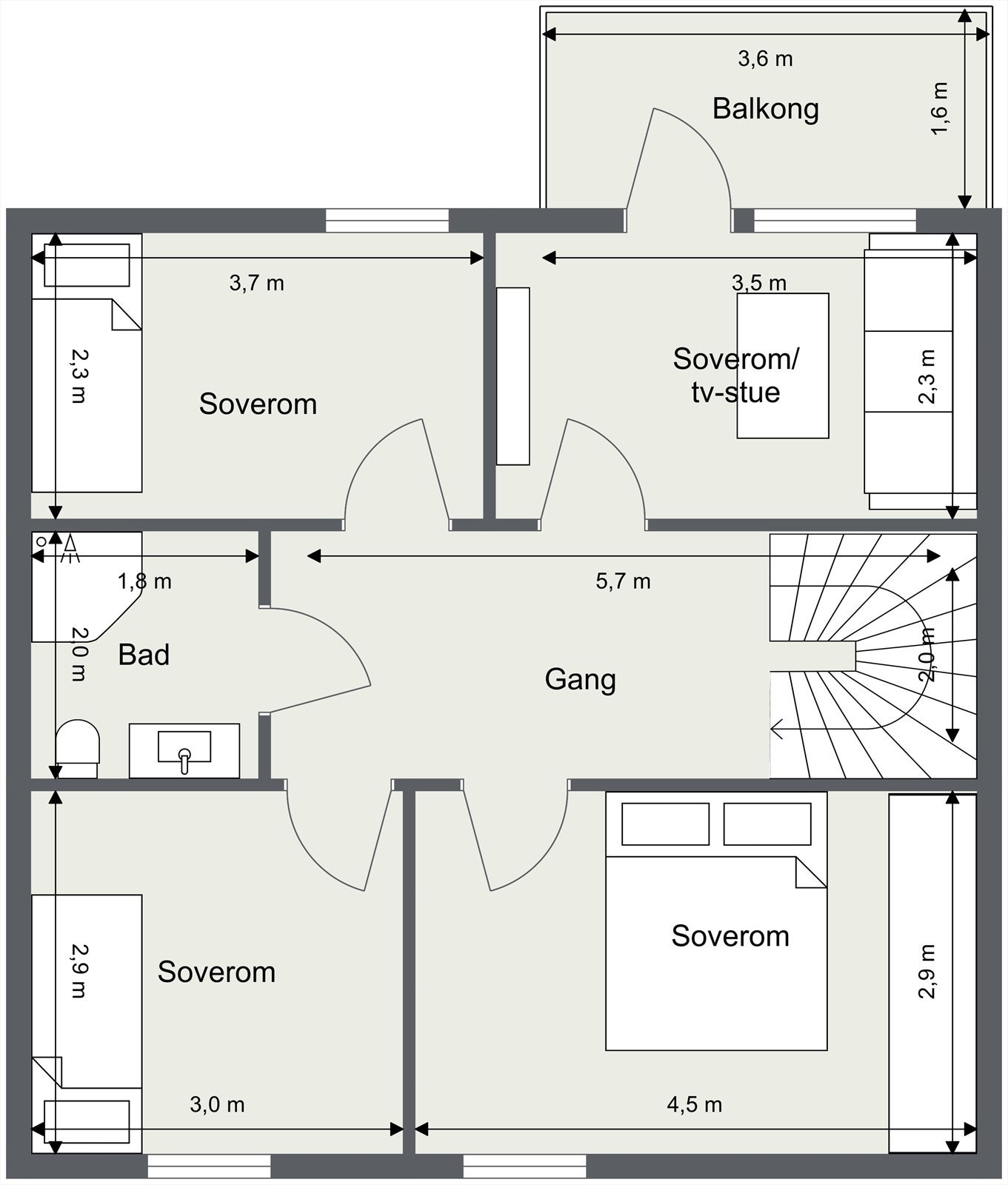 Andreetasje består av tre soverom, samt tv-stue som også kan benyttes som et femte soverom. Etasjen har også bad og solrik terrasse. Galleribilde