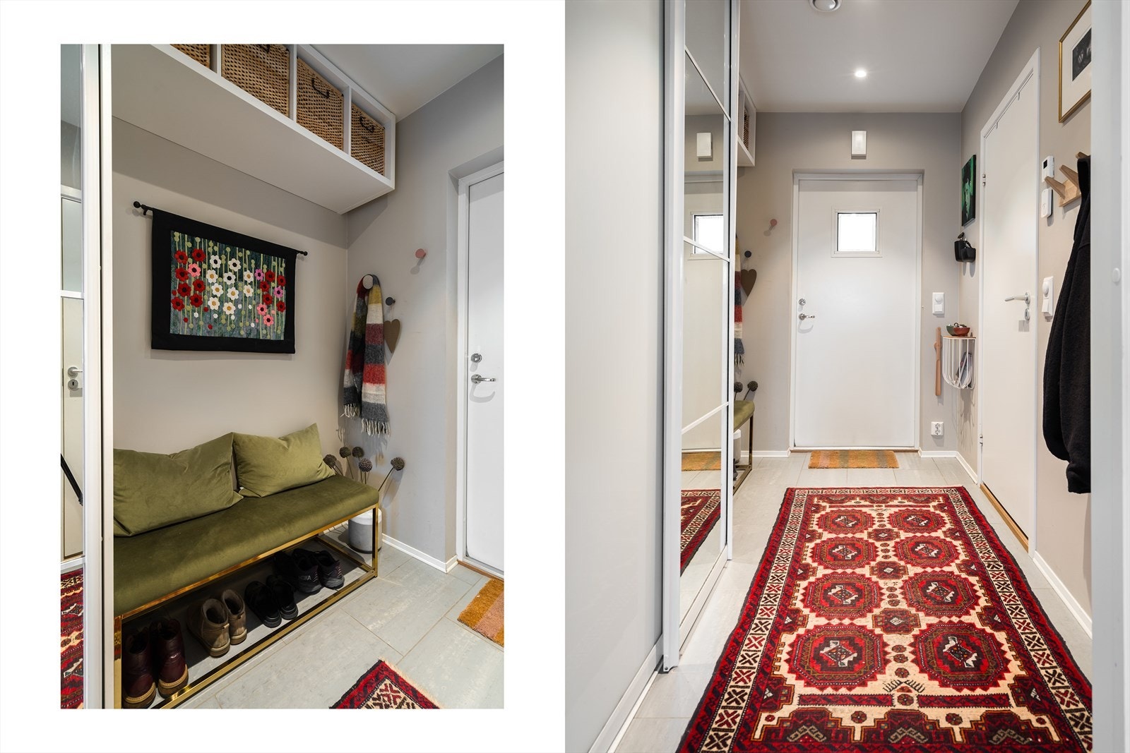 Når du kommer inn i boligen blir du møtt av en lys entré med fliser på gulv, og selvsagt gulvvarme. Her har du god plass til å henge fra deg yttertøy. Det er også skyvedørsgarderobe for oppbevaring. Galleribilde