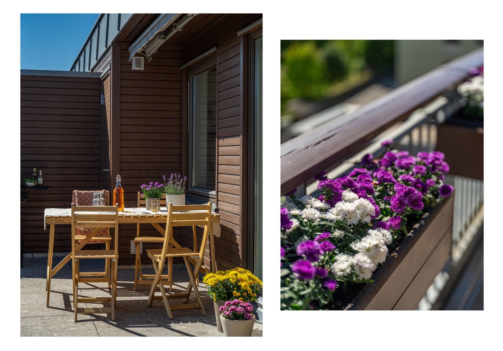 Bak spisegruppen kan du skimte døren til uteboden. Du finner utebod nr. 2 bak sofagruppen i andre enden av terrassen. Utebodene er nyetablerte i 2021/22 - med nye plasseffektive hyller, dører, god lufting og lys. Galleribilde