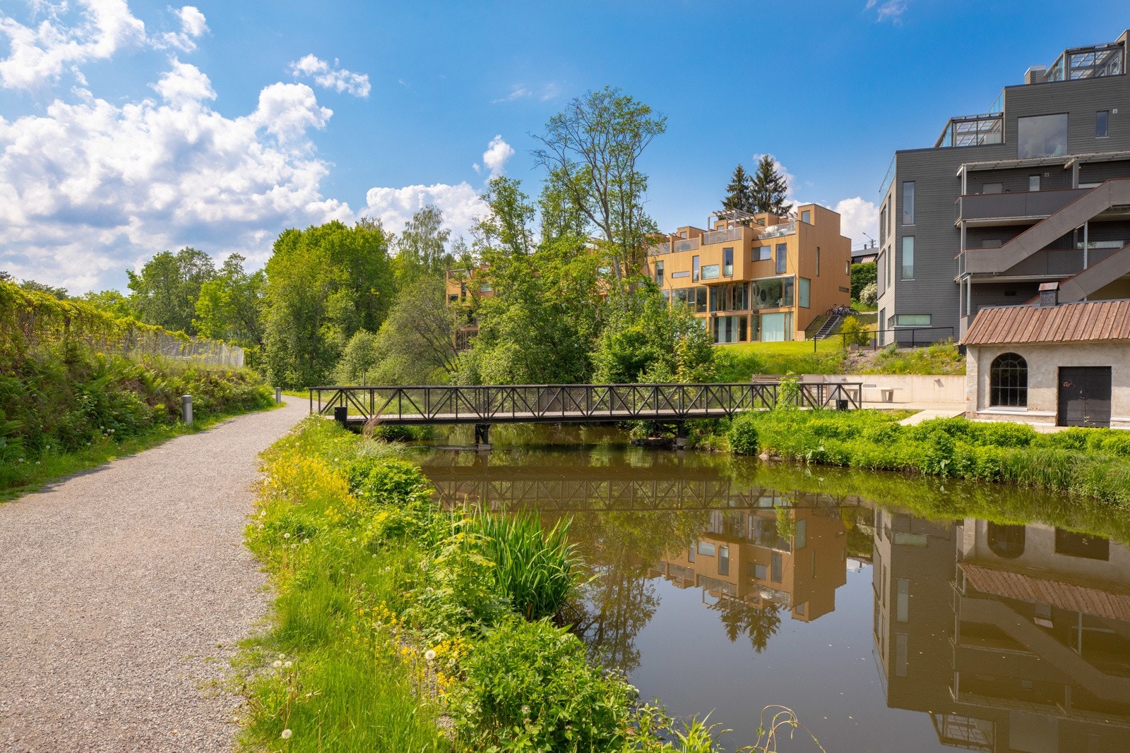 Sagelva renner rett bak blokka. Det er etablert hyggelig tursti langs vannet. Galleribilde