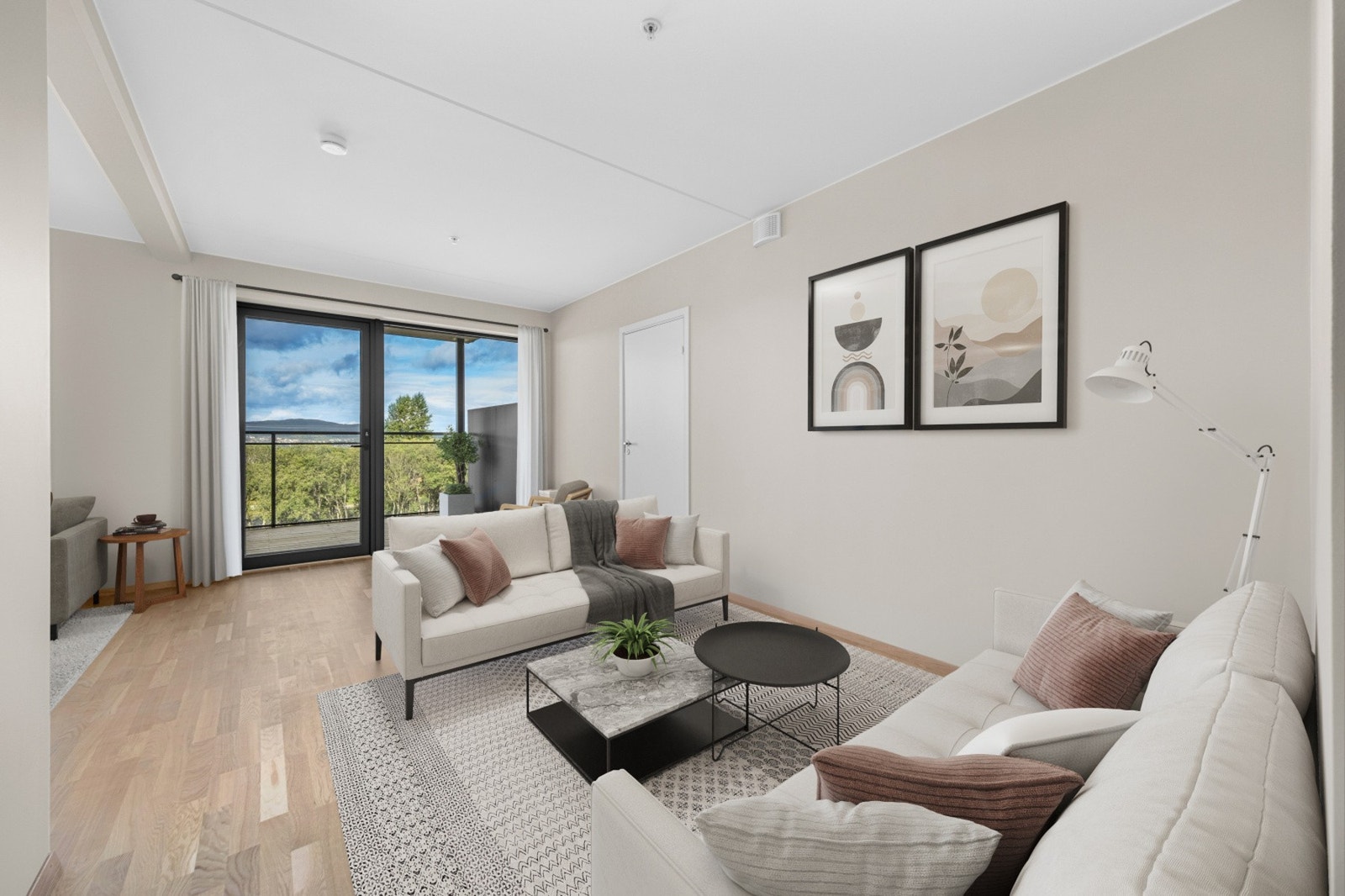 Åpen stue/kjøkkenløsning på ca 45 kvm. (Digital møblering) Galleribilde