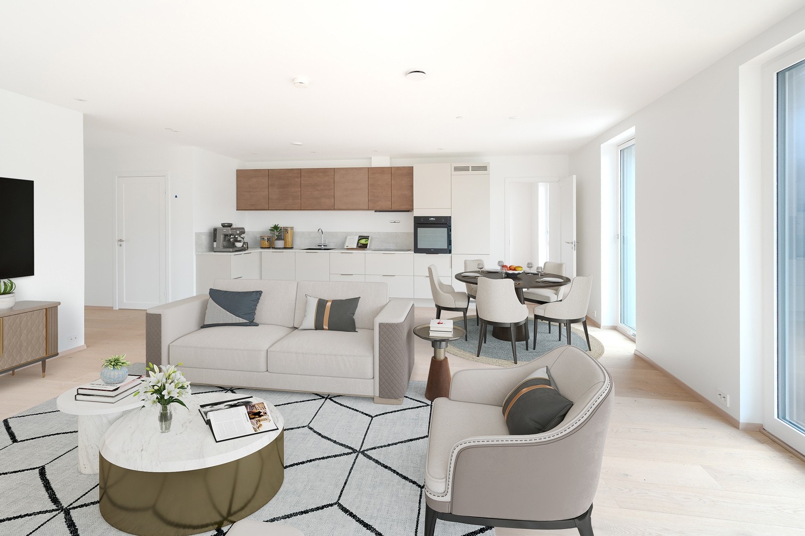 Kjøkkeninnredningen er fra anerkjente Strai kjøkken. Rommet er lyst, åpent og romslig. Bildet er virtuelt stylet. Galleribilde