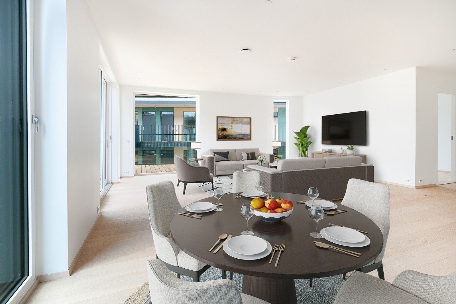 Stue med åpen kjøkkenløsning. Rommet er lyst, åpent og har fine muligheter for møblering. Bildet er virtuelt stylet. Galleribilde