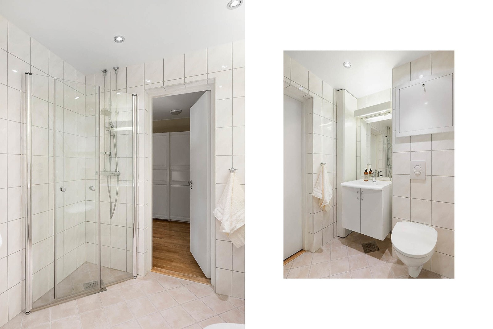 Badet er innredet med servant med underskap, speil med overlys og vegghengt toalett. Galleribilde