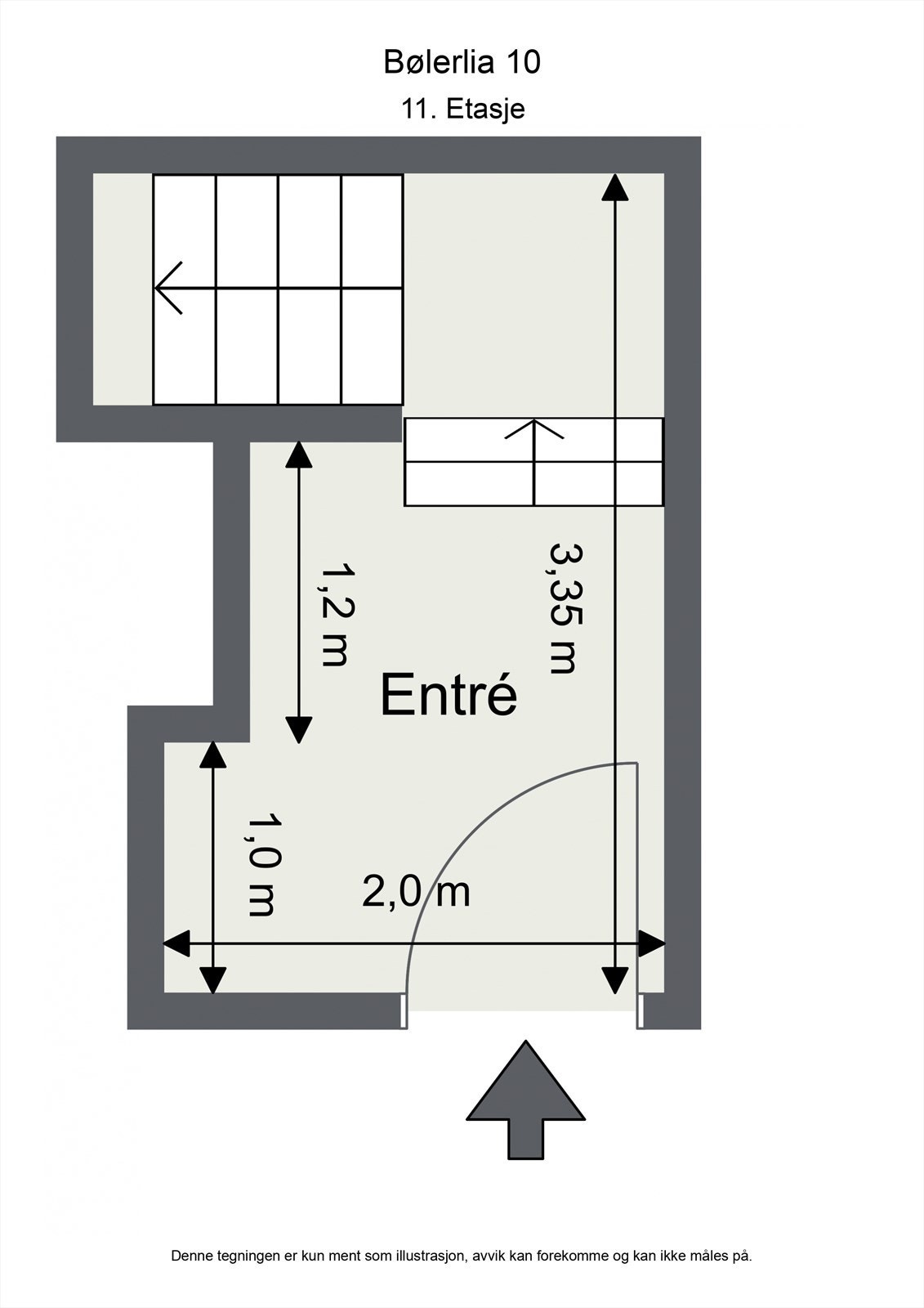 Leiligheten går over to plan. Inngangspartiet i 11. etasje består av entré med trapp. Galleribilde