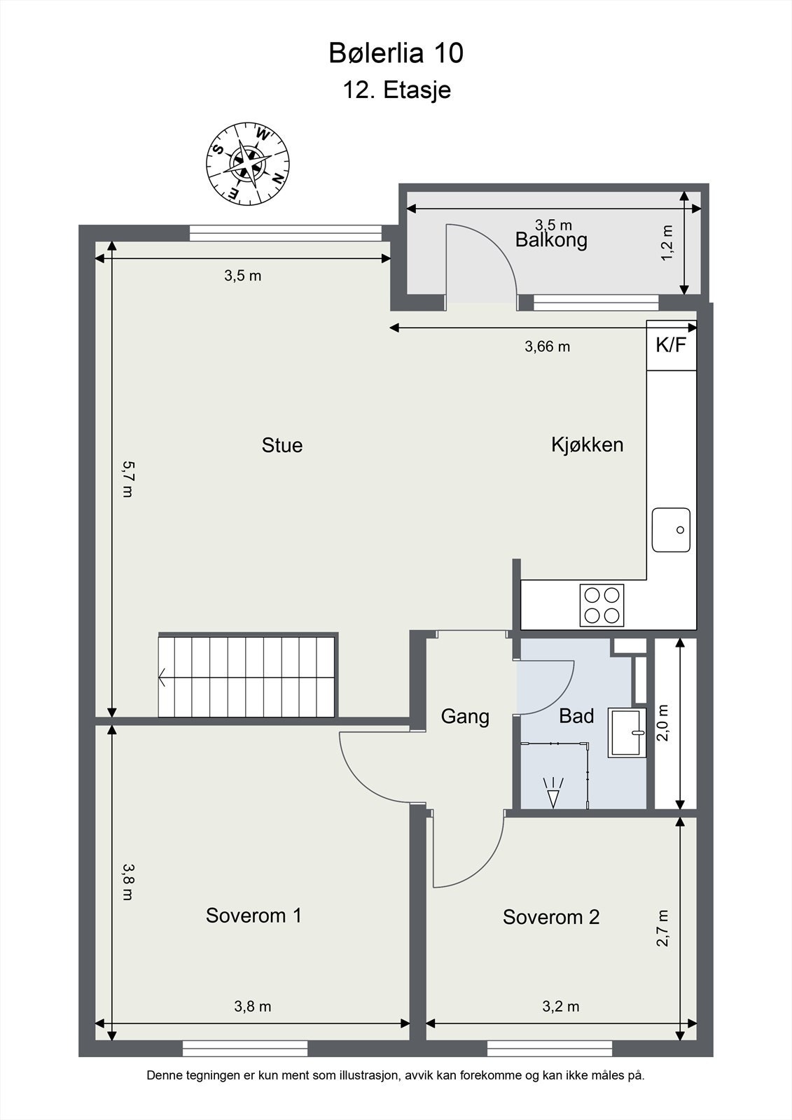 Hovedetasjen i 12. etasje har en åpen løsning med stue, kjøkken, to soverom, bad og balkong. Galleribilde