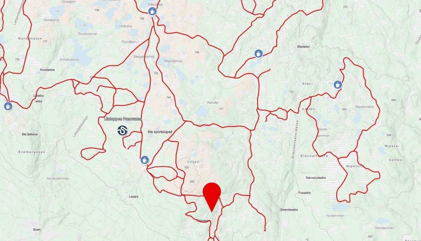 Oversikt over deler av løypenettet på Blefjell hentet fra Sporet.no Hyttas plassering markert. Galleribilde