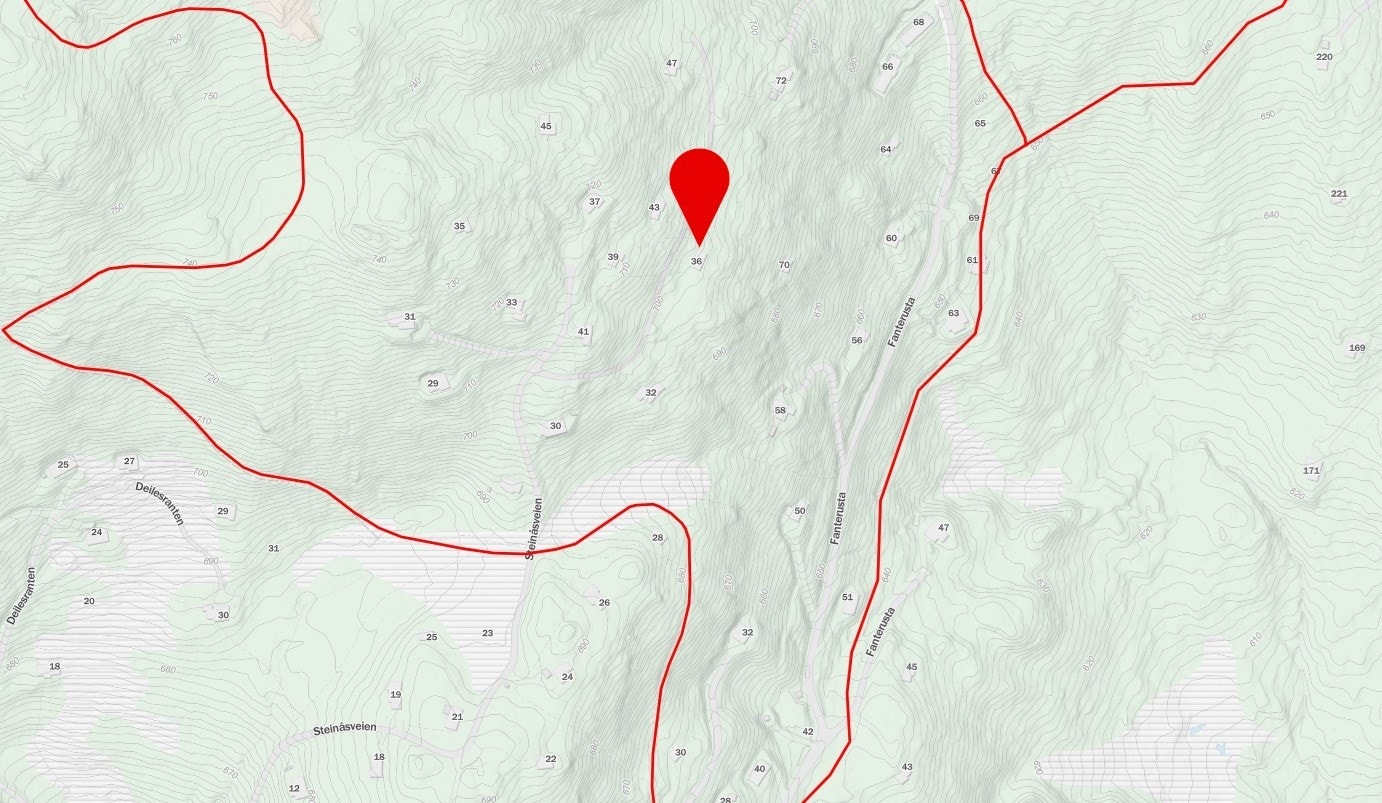 Løypekartet hentet fra Sporet.no zoomet inn. Hyttas plassering markert Galleribilde