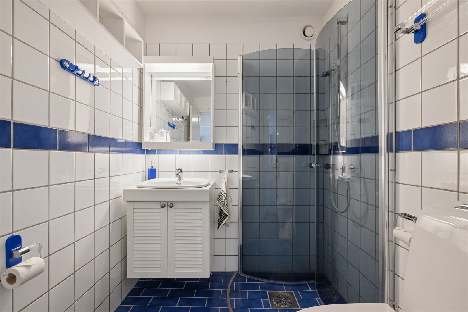 Helfliset bad - Rommet har servantskap, gulvmontert toalett, åpen dusj med glassdører og opplegg for vaskemaskin. Galleribilde