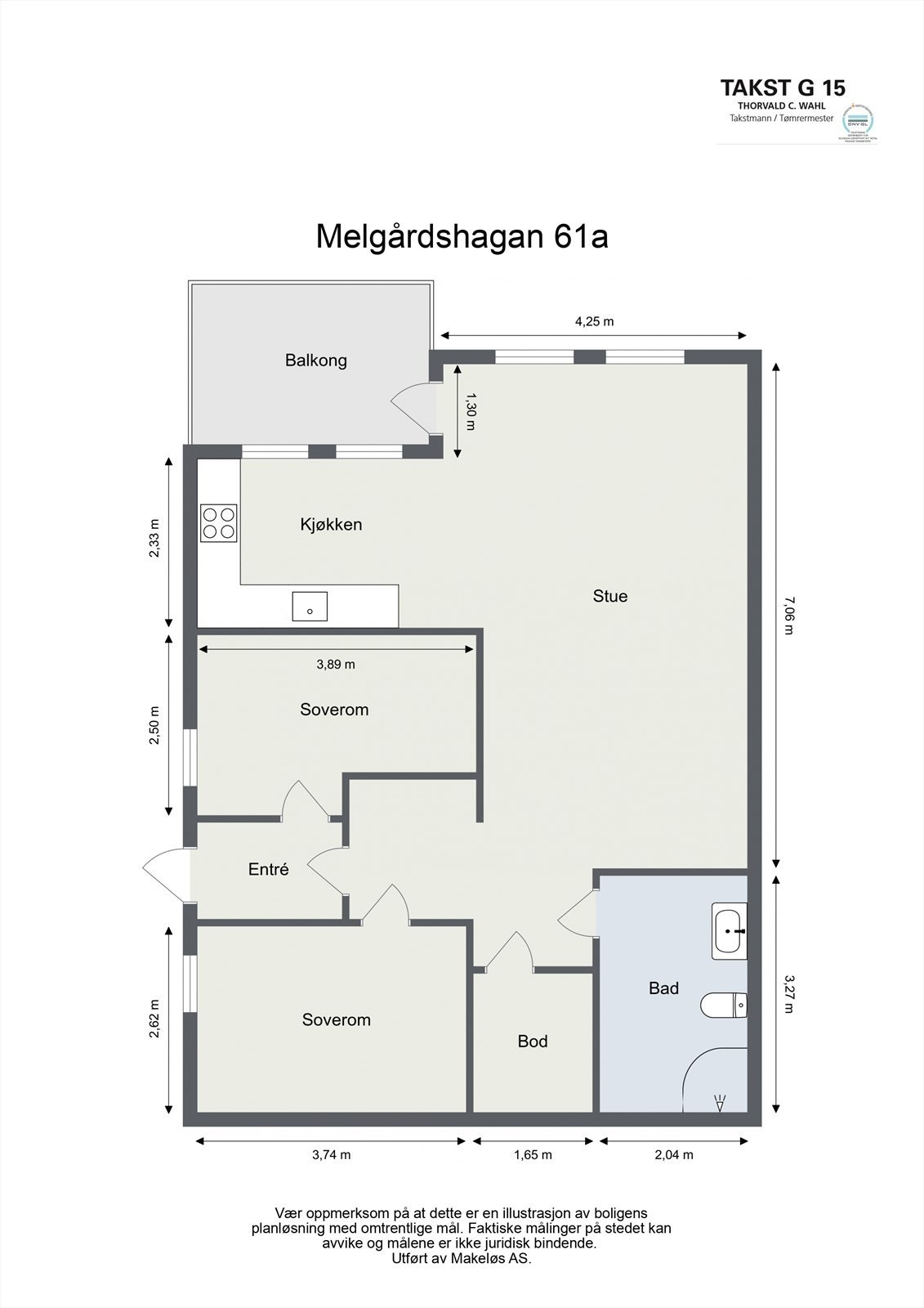 Planløsningen viser en arealeffektiv leilighet med to soverom, bad, bod og åpen stue/kjøkken. Galleribilde