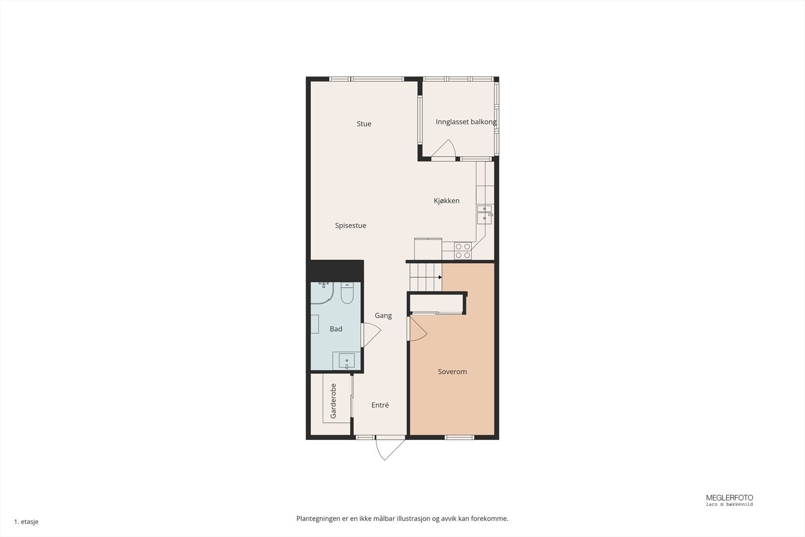 Hovedetasjen har en funksjonell planløsning med stue, kjøkken, soverom og bad. Galleribilde