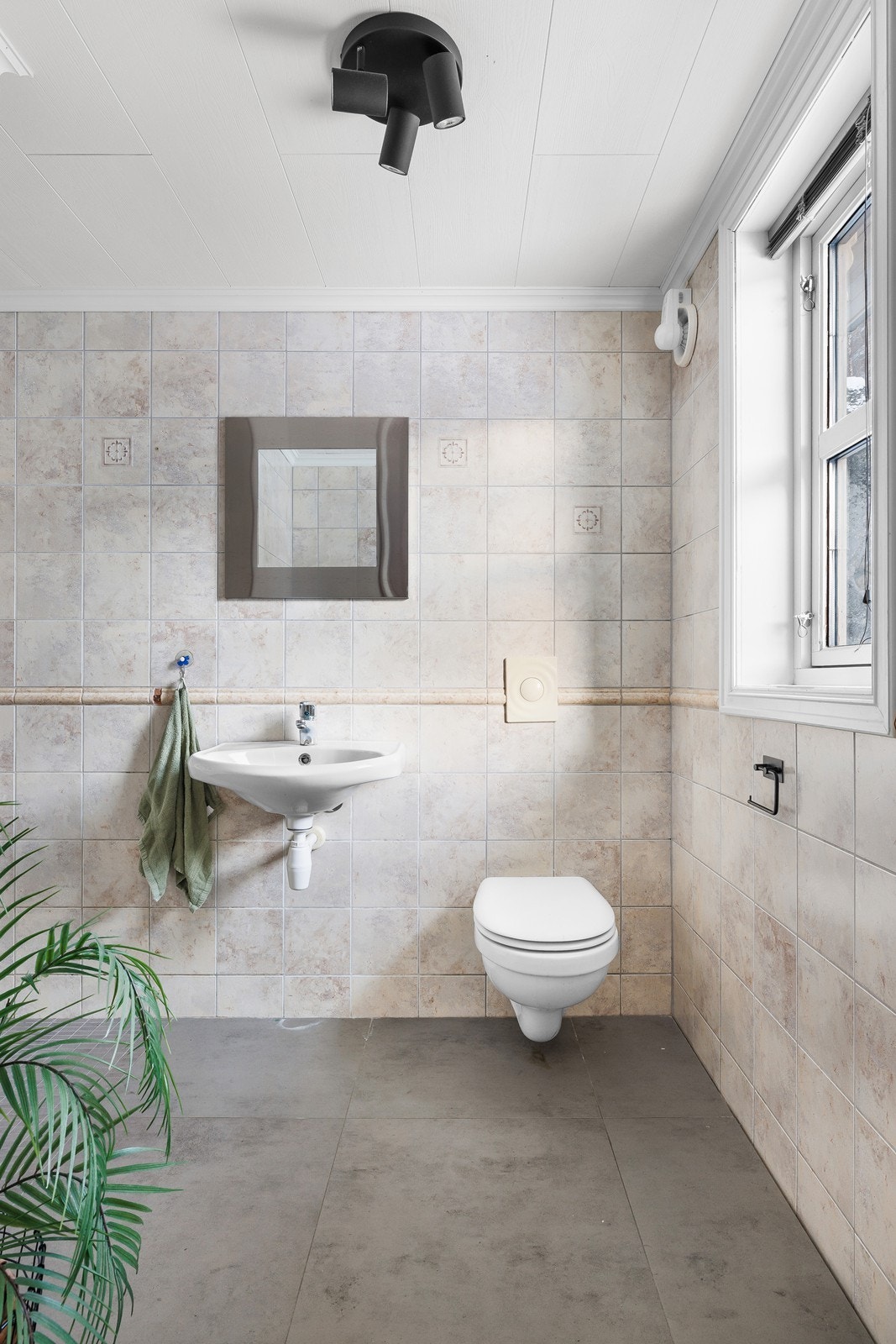 Vegghengt toalett og vask med tilhørende speil. Galleribilde