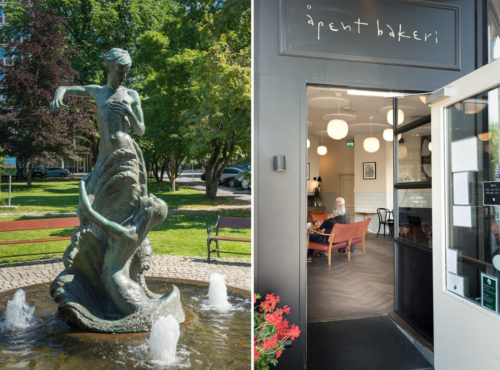 Området byr på flere parkområder og café, resturanter og butikker Galleribilde