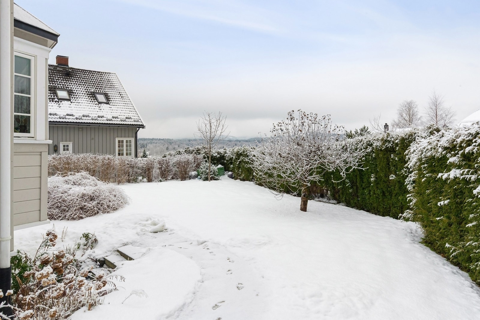 Hagen er pent opparbeidet med plen, beplantning og frukttrær (epler og plommer, samt ripsbusker) Galleribilde