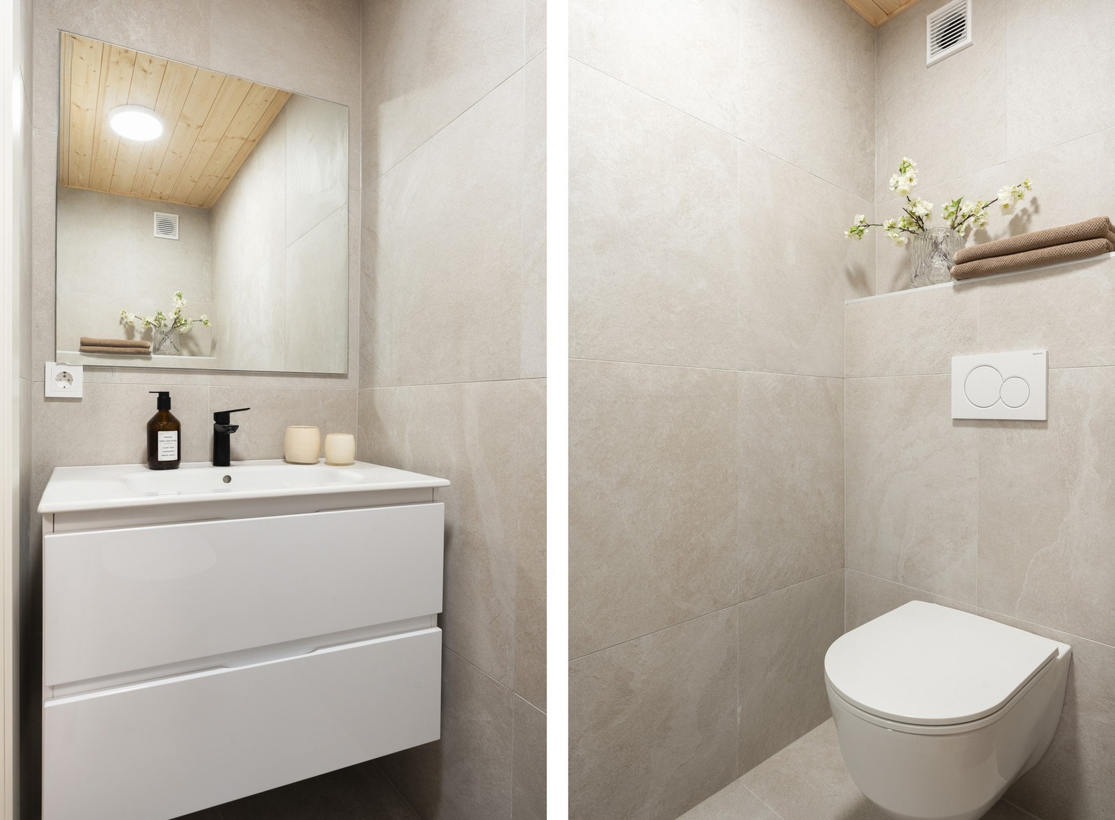 Helfliset toalettrom på 1,4 kvm med baderomsinnredning. Galleribilde