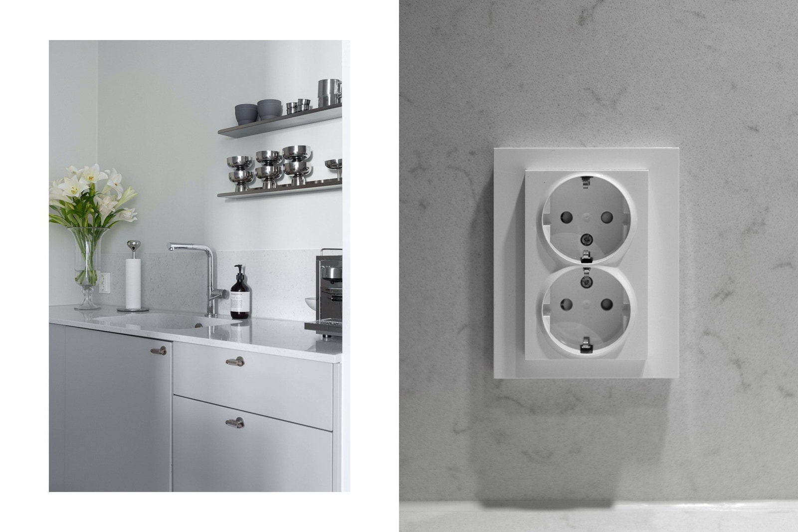 Backsplash benkeplate i komposittstein med innfelte stikkontakter. Galleribilde