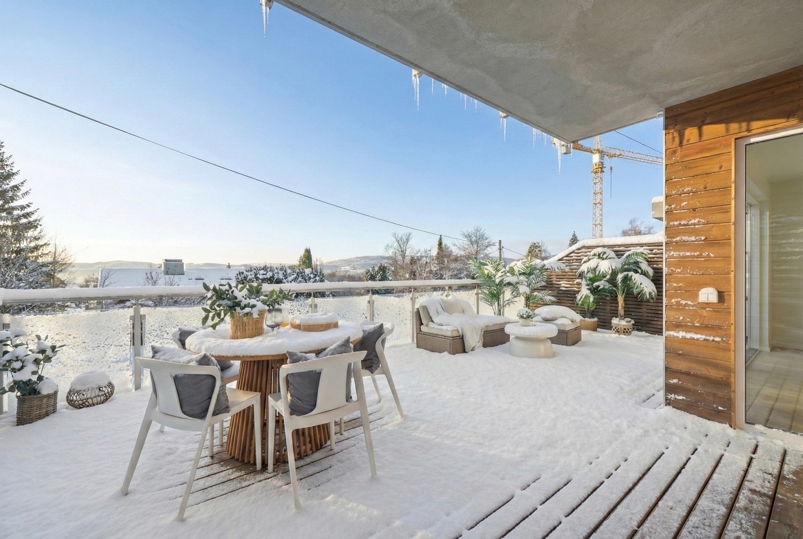 Et av leilighetens mange høydepunkter er den flotte og store terrassen. Bildet er kunstig redigert med KI og er kun ment som en illustrasjon. Galleribilde