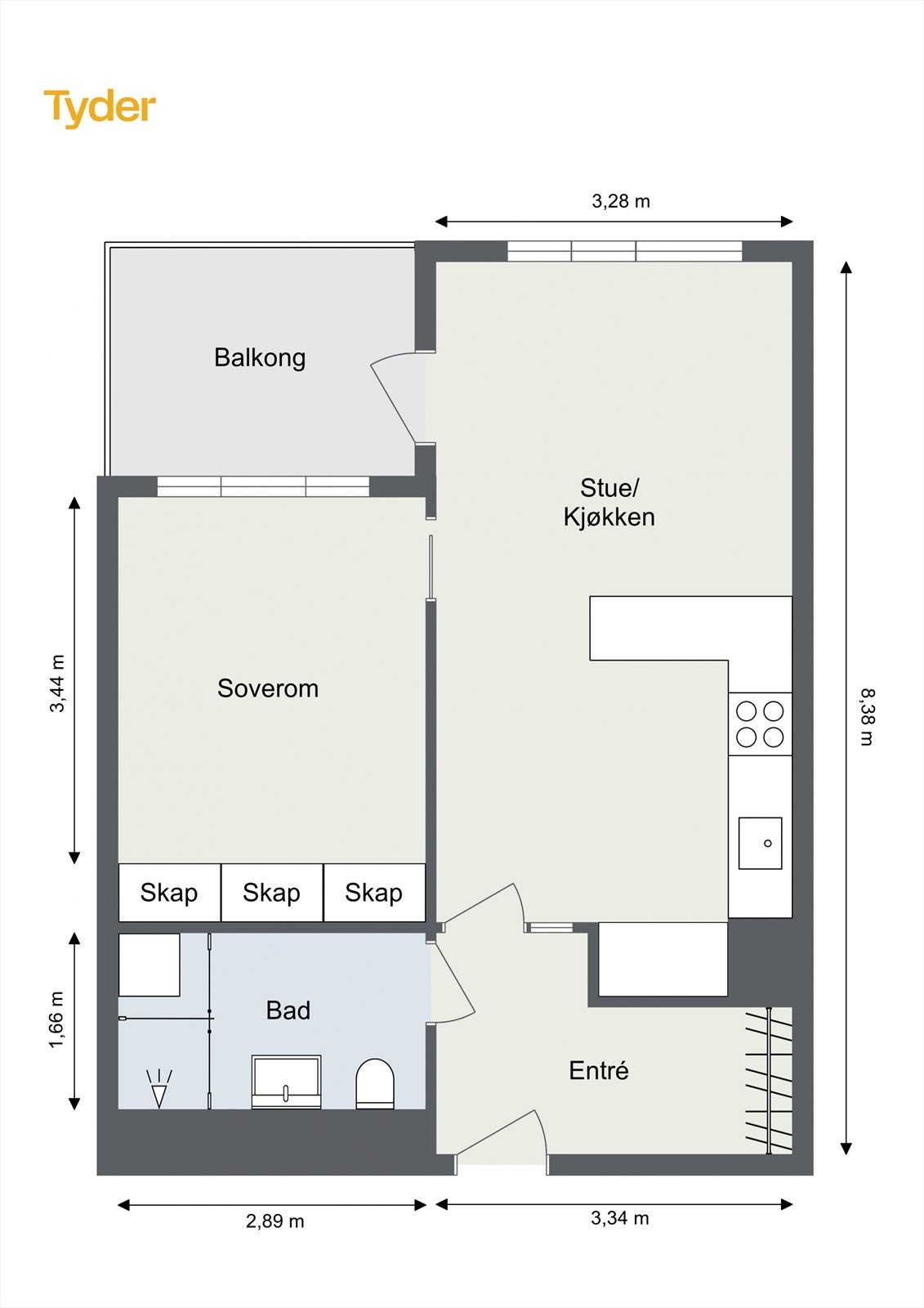 Plantegning, inneholder: entré, bad, stue/kjøkken med utgang balkong, soverom. Galleribilde
