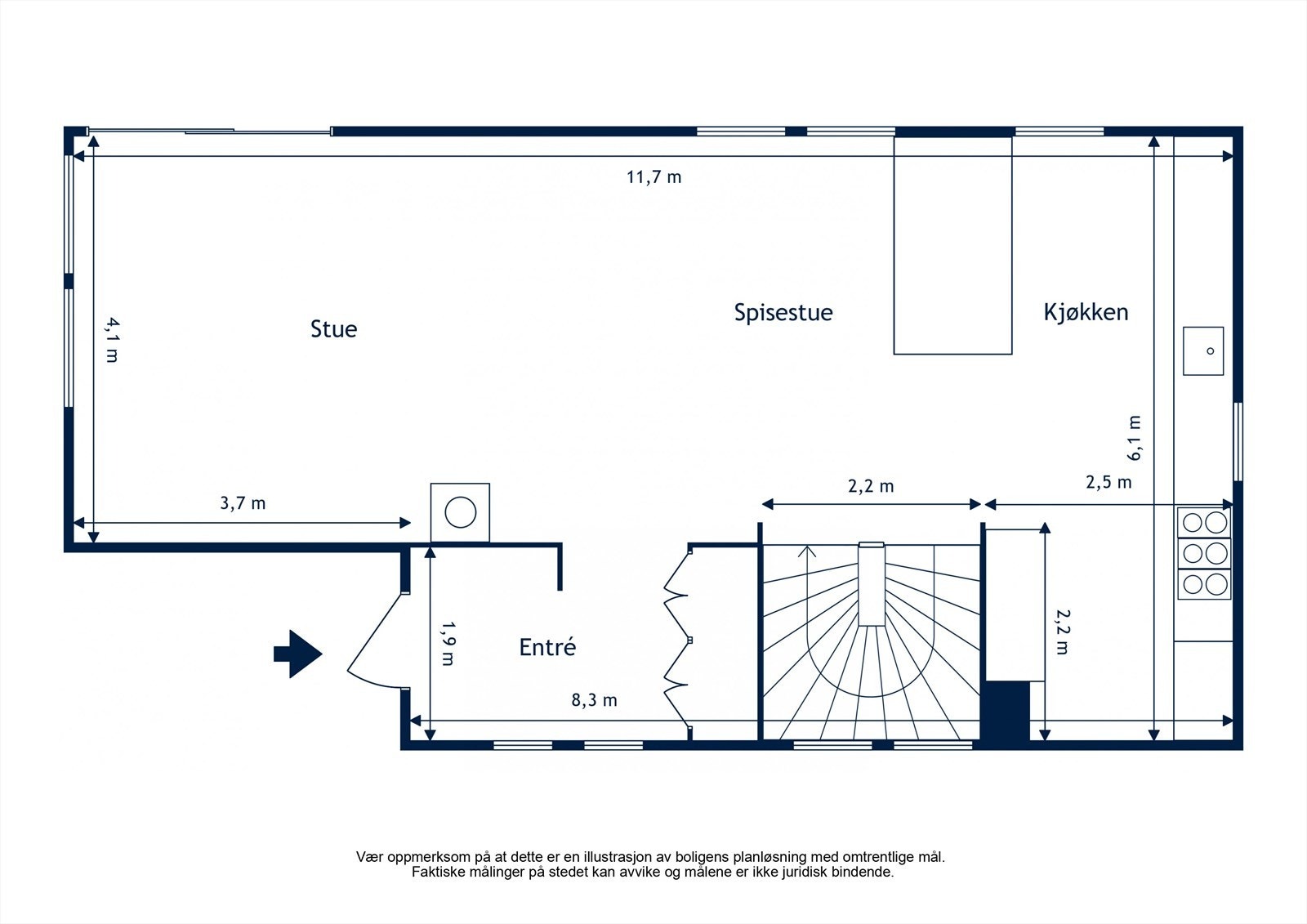 1.etg. inneholder entré med plassbygget garderobe, stue med utgang terrasse og hage samt kjøkken. Galleribilde