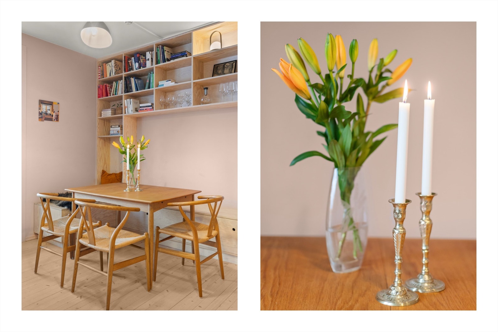 Hylle- og benkeseksjonen på stua er arkitekttegnet og har massevis av oppbevaring under sittebenken, i form av både en kiste og tre skuffer til oppbevaring i tillegg til at den er svært dekorativ. Galleribilde