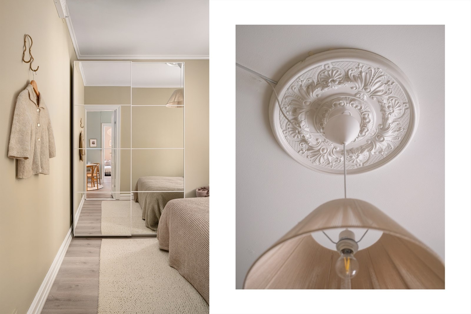 Det er etablert en pen skyvedørsgarderobe med speilfronter i rommet. Galleribilde