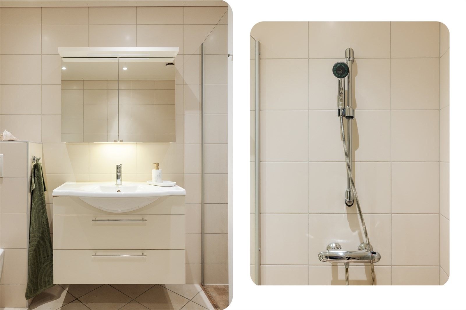 Her er det flislagte overflater, gulvvarme og en helstøpt servant med skuffer. Galleribilde