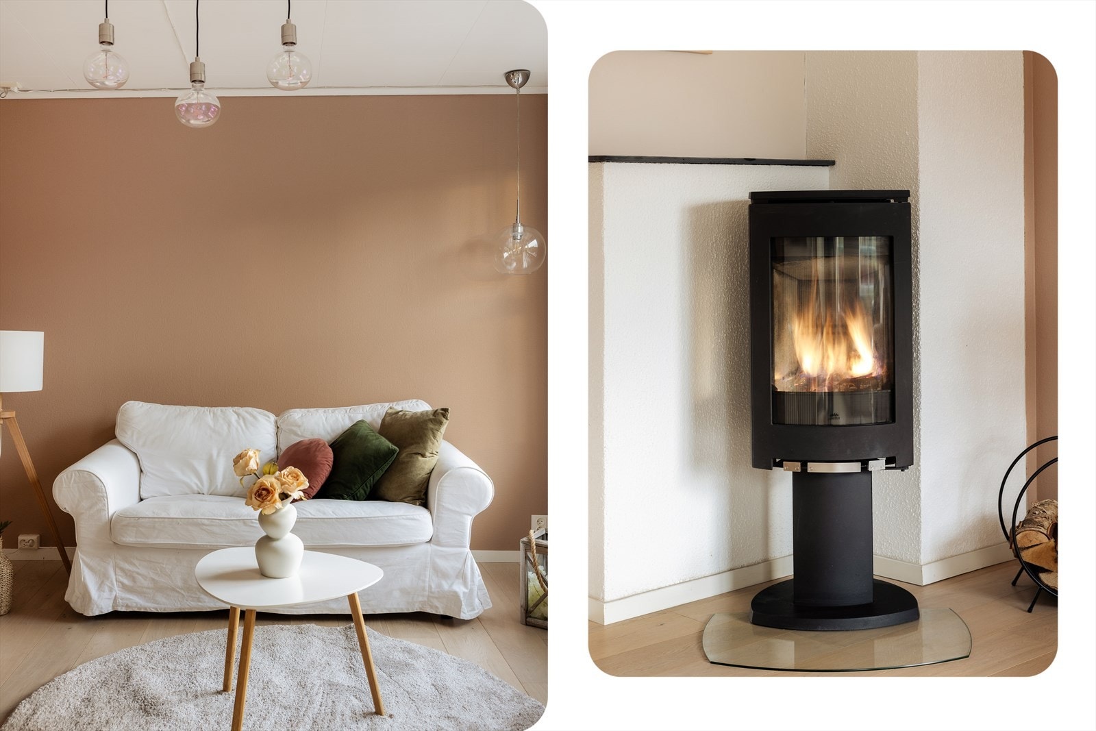 Nærbilde av vedovnen som er et sentralt punkt i rommet. Galleribilde