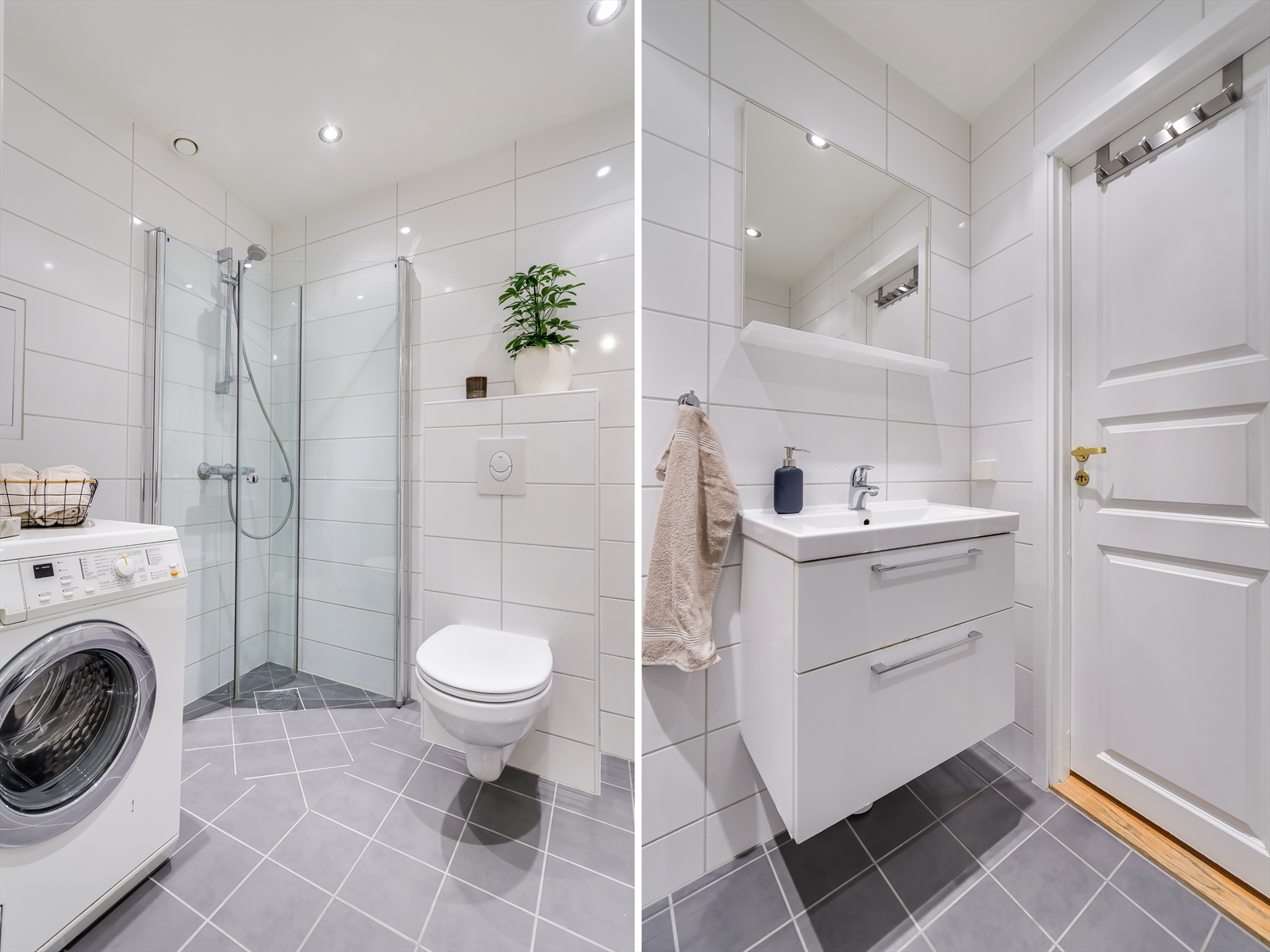 Lyst flislagt bad med dusjnisje med glassdører, servant og vaskesøyle - Varmekabler i gulv Galleribilde