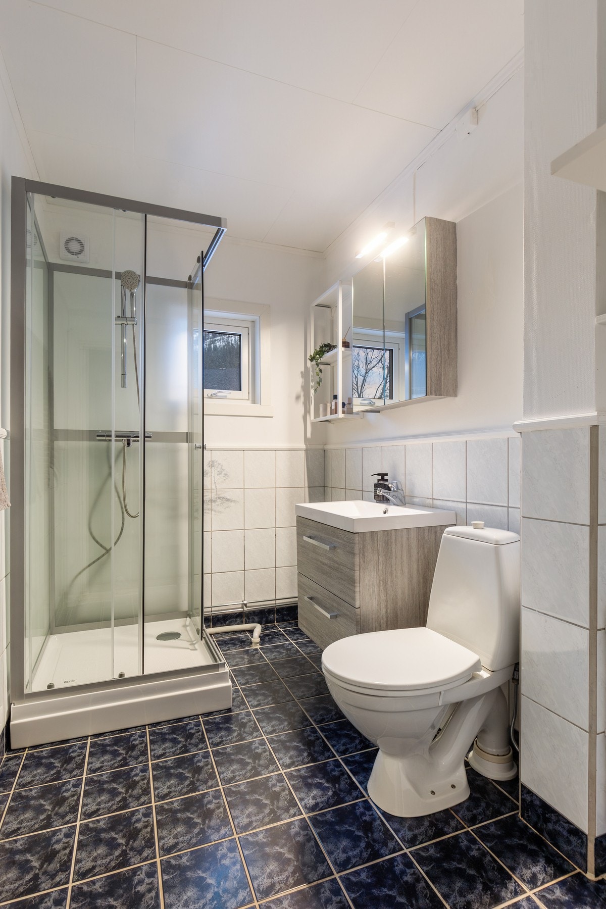 Flislagt bad utstyrt med dusjkabinett, gulvmontert toalett, innredning med servant og opplegg for vaskemaskin. Galleribilde