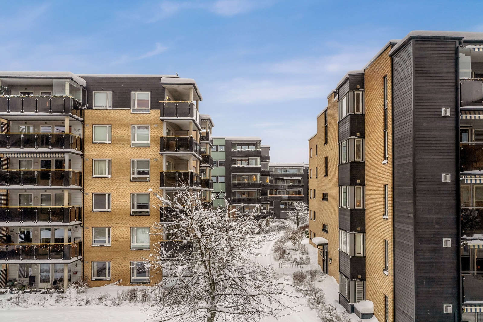 Fellesområdet er opparbeidet med blant annet internstier, sittebenker, sykkelstativer, plenarealer og diverse beplantning. Galleribilde