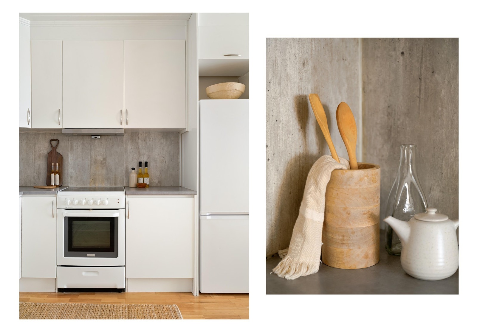 Det består av slette fronter, laminat benkeplate, oppvaskmaskin og frittstående komfyr og kjøleskap. Galleribilde