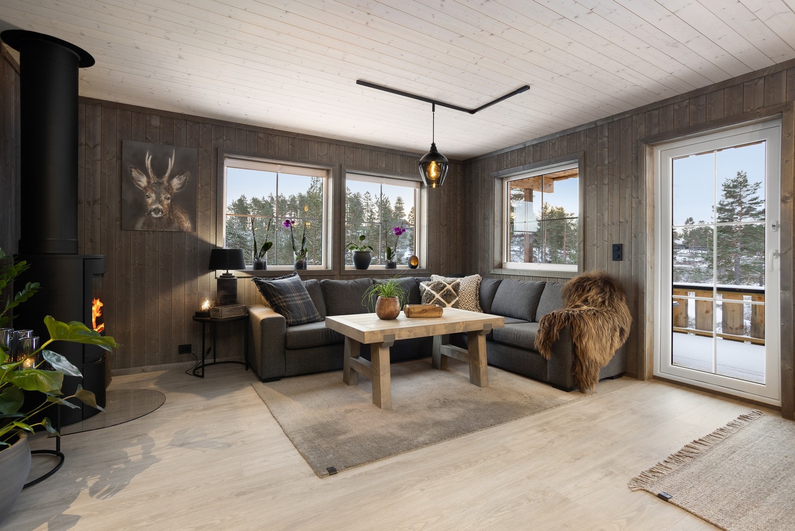 Lun og koselig stue med åpen løsning mot kjøkken og utgang til terrasse. Galleribilde