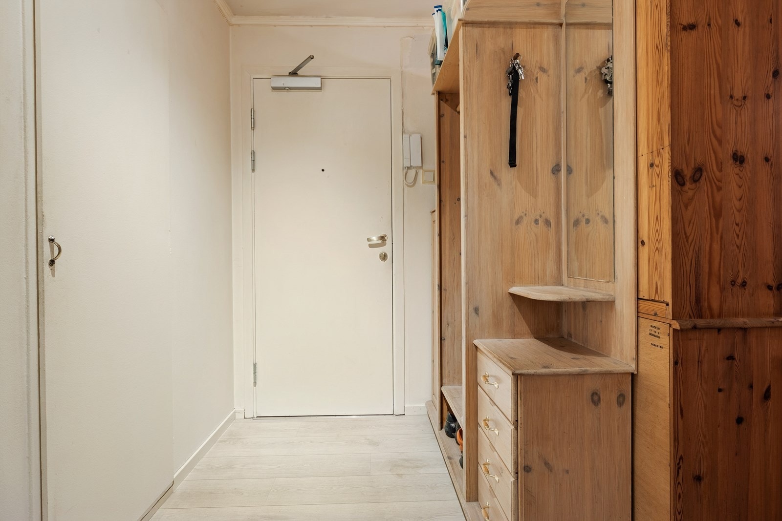 Velkommen inn ønskes av en lys og oversiktlig gang, med god plass til å sette fra deg skoene og henge fra deg yttertøyet. Galleribilde