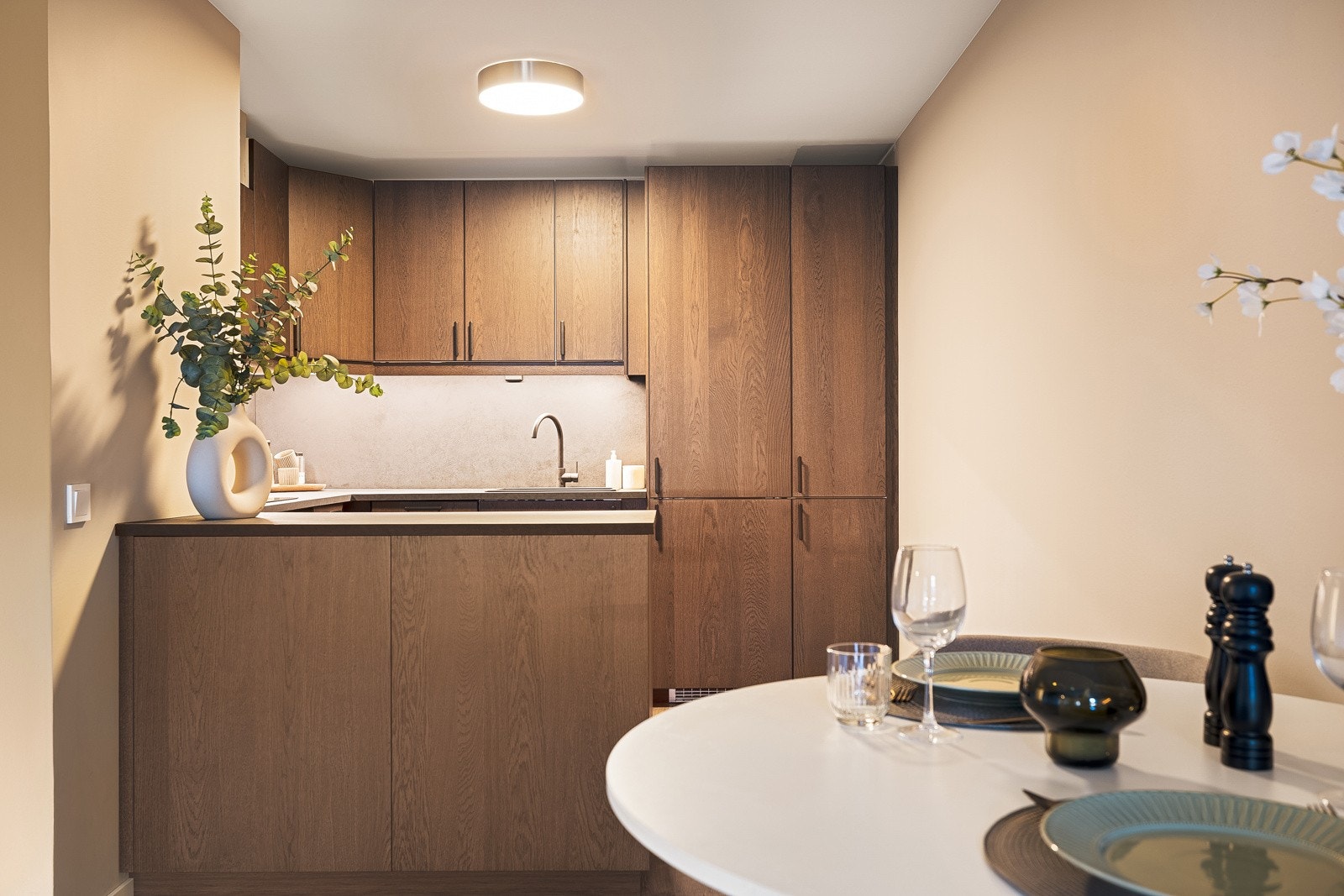 - Det er innredning med slette fronter, rikelig skap- og benkeplass og laminat benkeplate med kompositt vask - Galleribilde