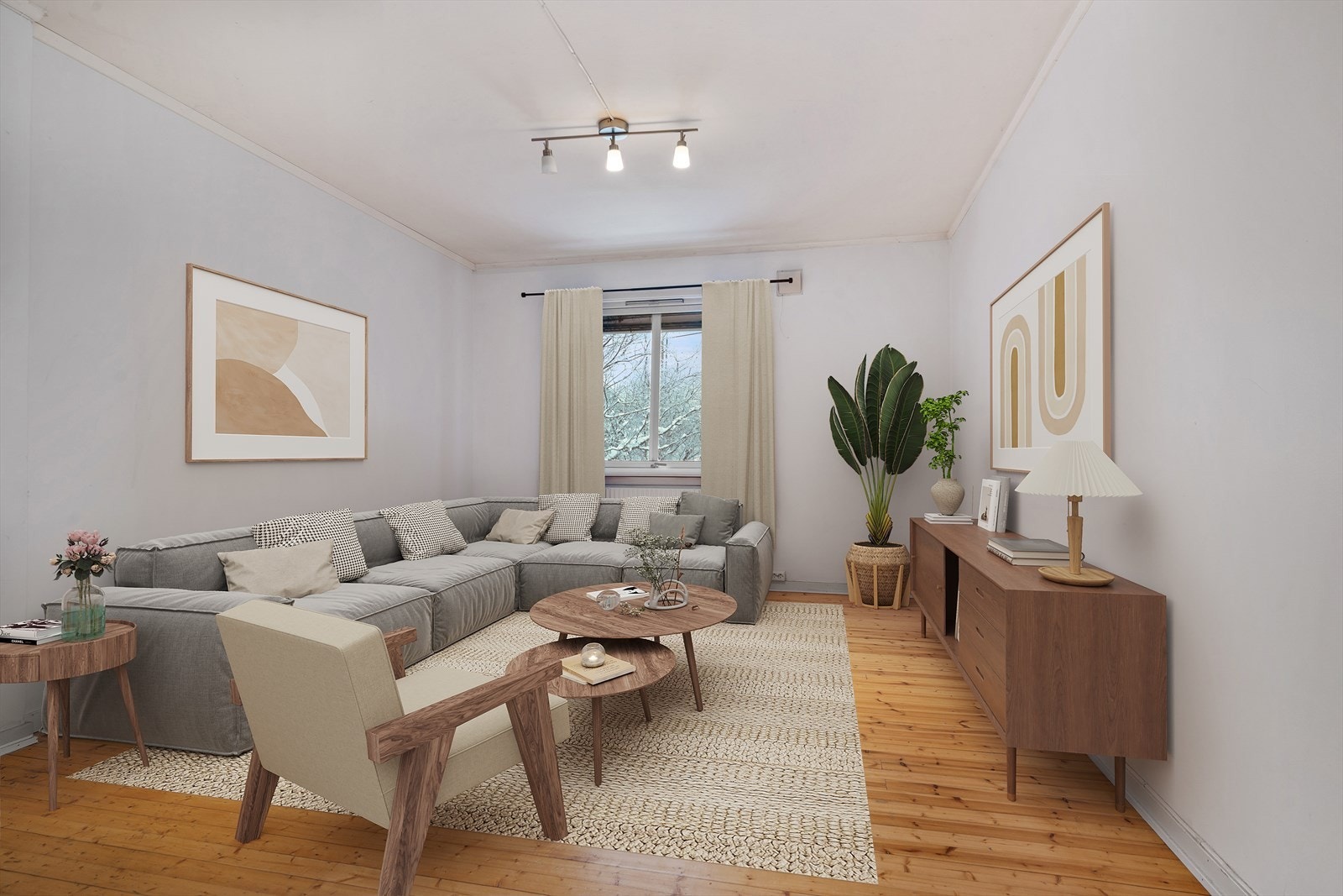 Stuen byr på flere møbleringsmuligheter. Digitalt møblert. Galleribilde