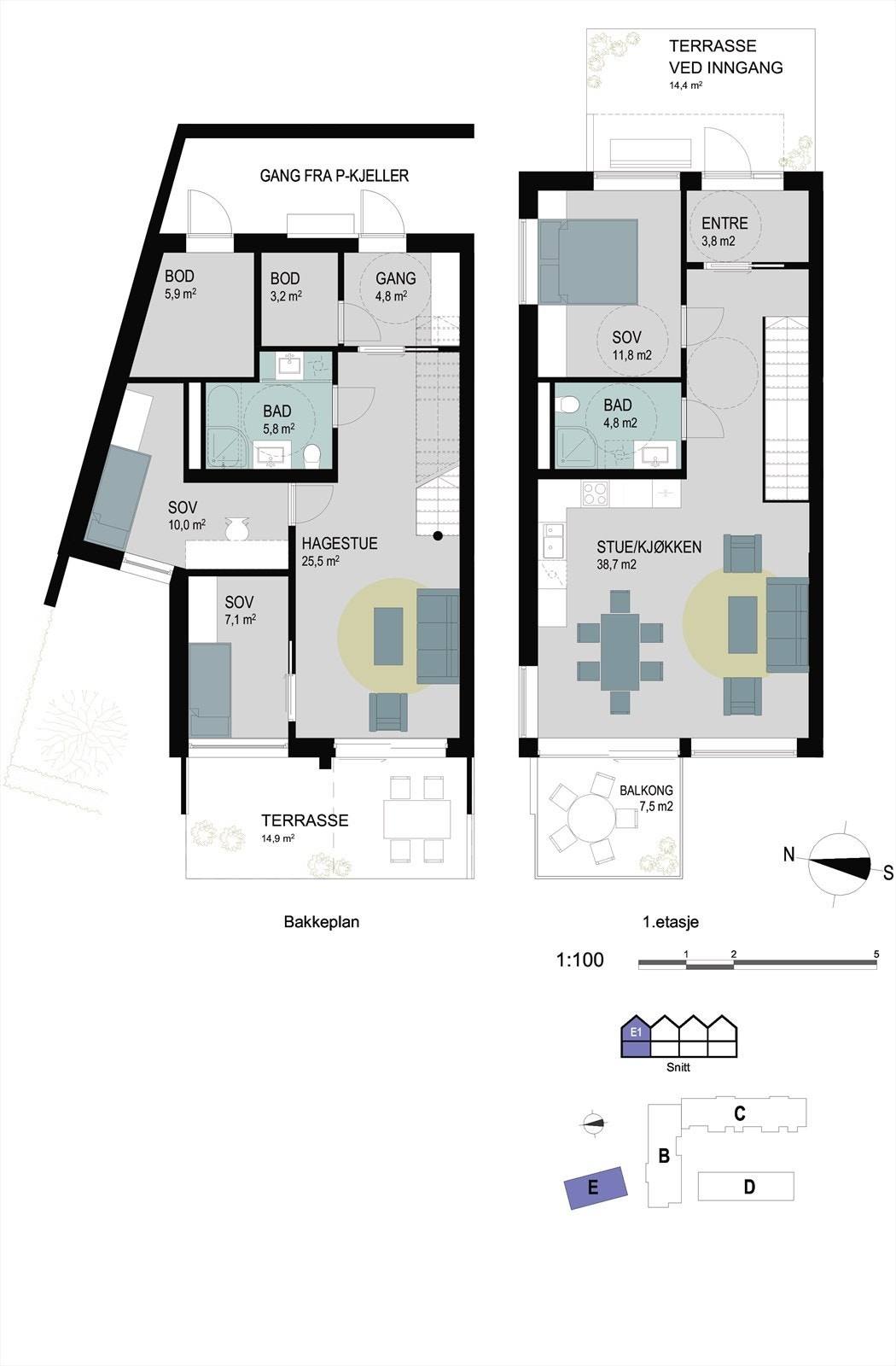 Plantegning begge etasjer, fra tidligere prospekt. Galleribilde