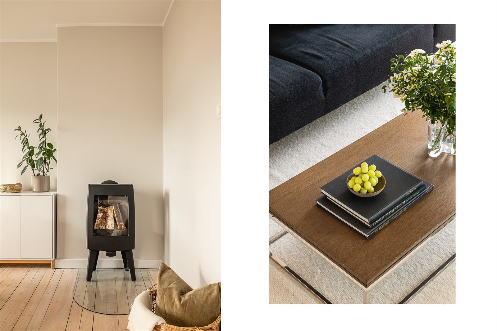 Et rentbrennende ildsted (Dovre peisovn med glassfront fra 2021) gir ekstra varme og hygge på kjølige dager. Galleribilde