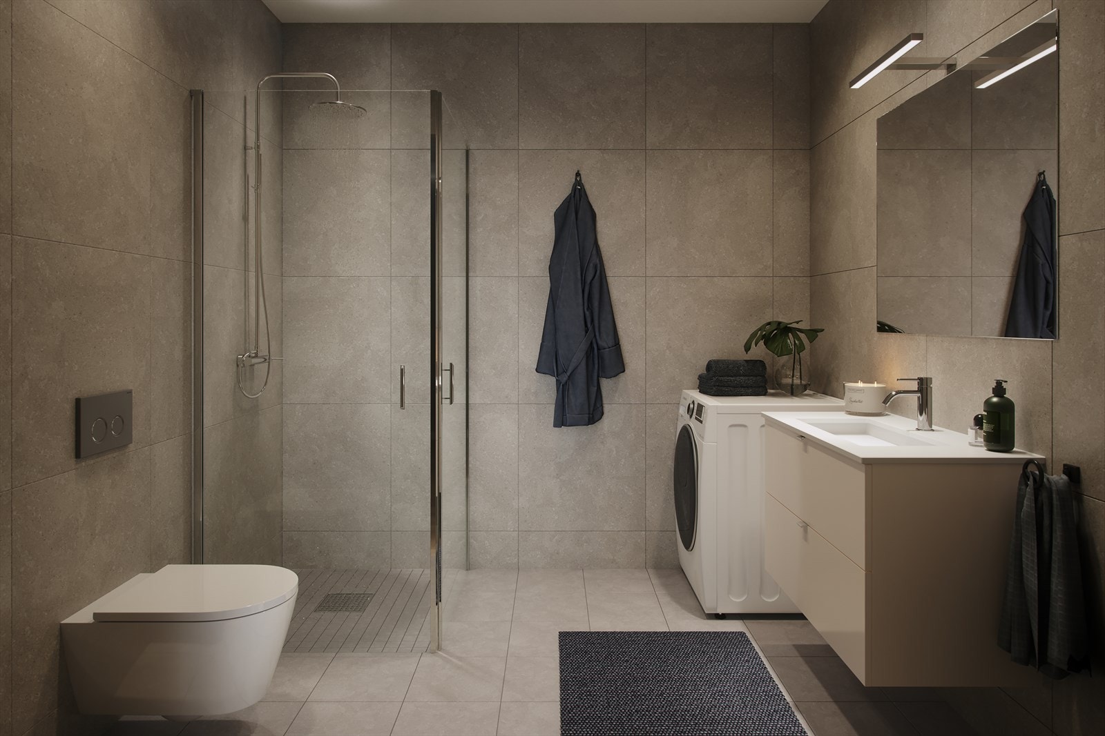 Badet - Bildet er ment som en illustrasjon, avvik vil forekomme. Merk at fliser på gulv blir levert i størrelse 60*60 og ikke 30*30 som illustrert. Se baderomsleveranse i prospekt for nærmere beskrivelse av produkter. Galleribilde