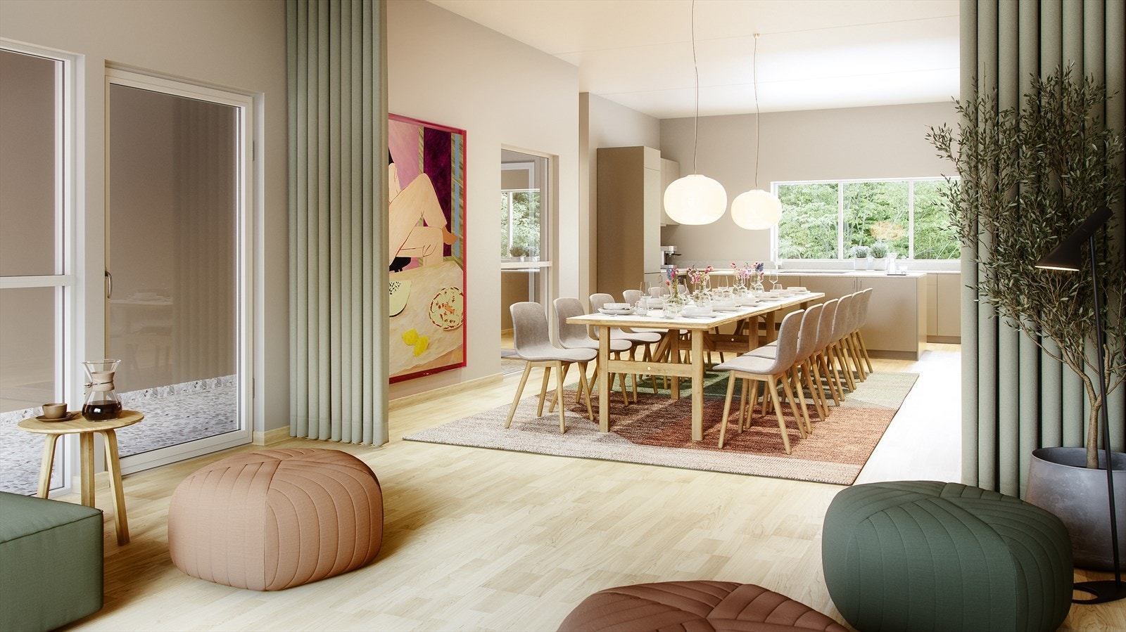 Det legges opp til sosiale møteplasser gjennom å utvikle innbydende fellesområder, takterrasser og gårdsrom. Bildet er en illustrasjon for presentasjon av prosjektet, avvik vil forekomme Galleribilde