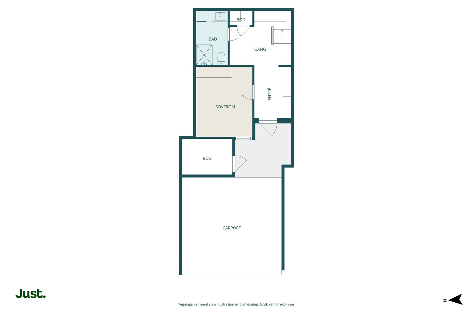 Planskisse 1.etasje. Legg merke til innvendig bod og sportsbod ved inngangspartiet - Svært praktisk!